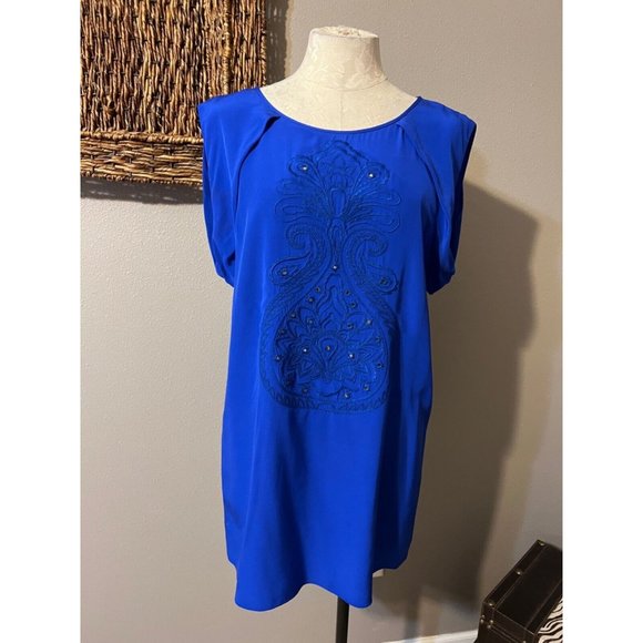 Anthropologie TIBI Dress Cobalt Blue 8 Silk Beaded Shift Short Sleeve V Back - Picture 5 of 10